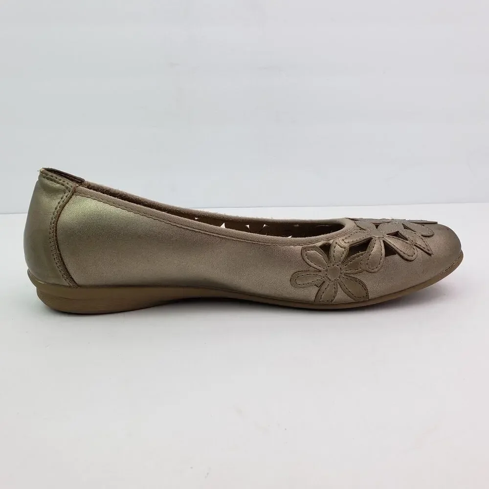 Earth Spirit Womens Size 10 Tan Gold Floral Design Slip On Ballet Flats Shoes